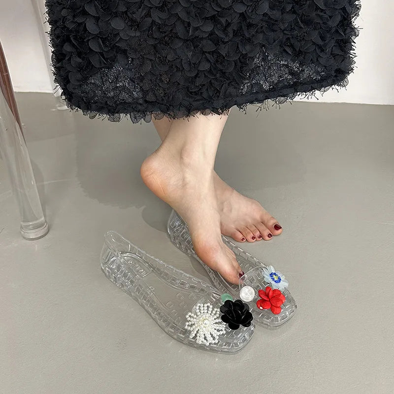 Transparent Crystal Jelly Sandals Hollow Out Slippers Korean Style Flat Shoes Women's Square Toe Shallow Slip on Ballet Loafers