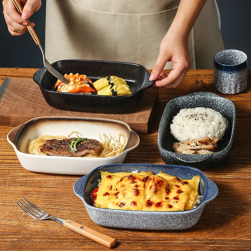 Japanese Tableware Binaural Baking Tray Ceramic Cheese Baked Rice Baking Bowl Oven Special Utensils with Tray Rectangular Plate