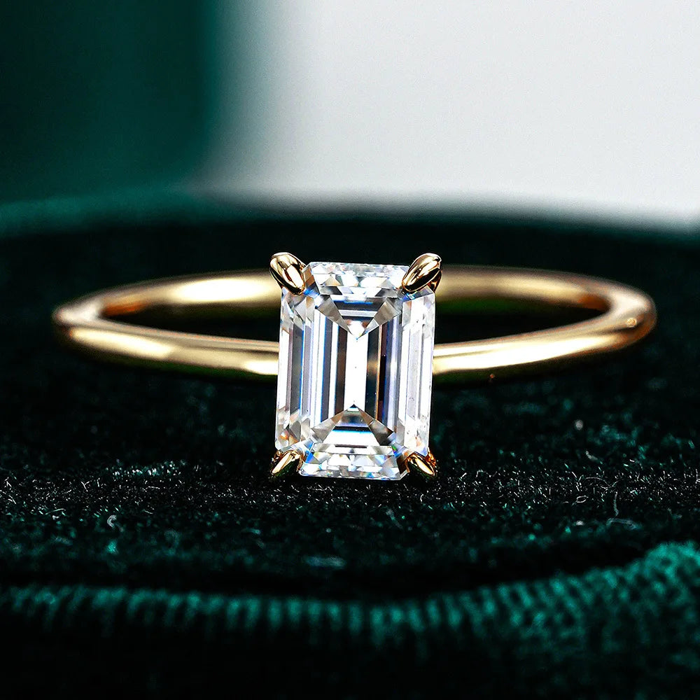 S925 Sterling Silver Rectangular Cut Solitaire Ring - 1/2/3 Carat D Color VVS Moissanite Gold Plated Jewelry for Women