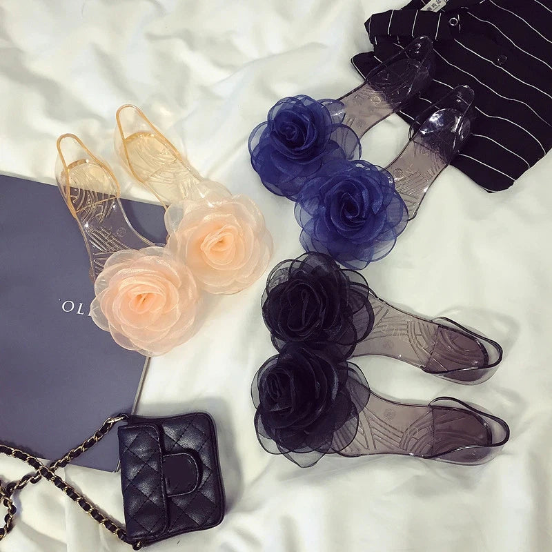 Size 35-41 Women Girls Transparent PVC Jelly Sandals Peep-toe Flats Summer Shoes INS Hot Sales Lace Camellia Flower Slippers