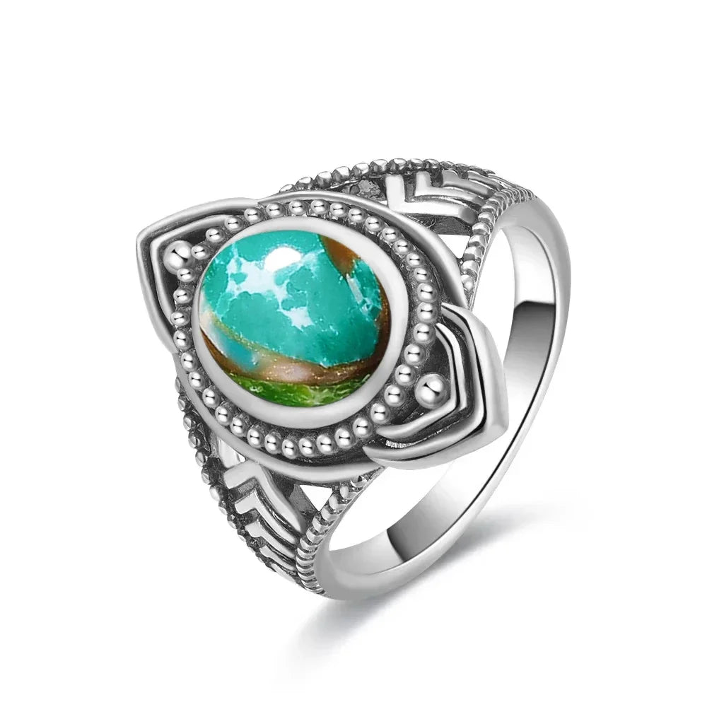 Vintage S925 Sterling Silver Ring with Oval Natural Emperor's Stone Flower Shape Hollow out Ring Fine Jewelry for Women