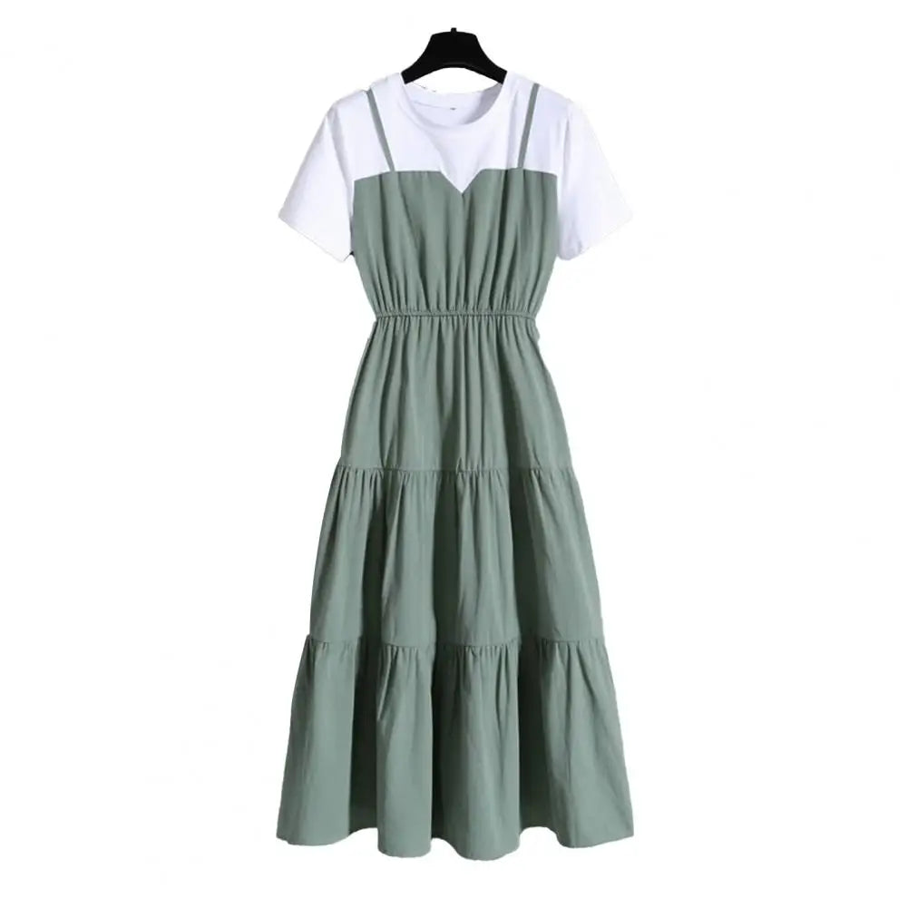 2024 Fashion Strap Fake Two piece Dress Block Summer Short sleeved Dress Women's Waist Tight Dress