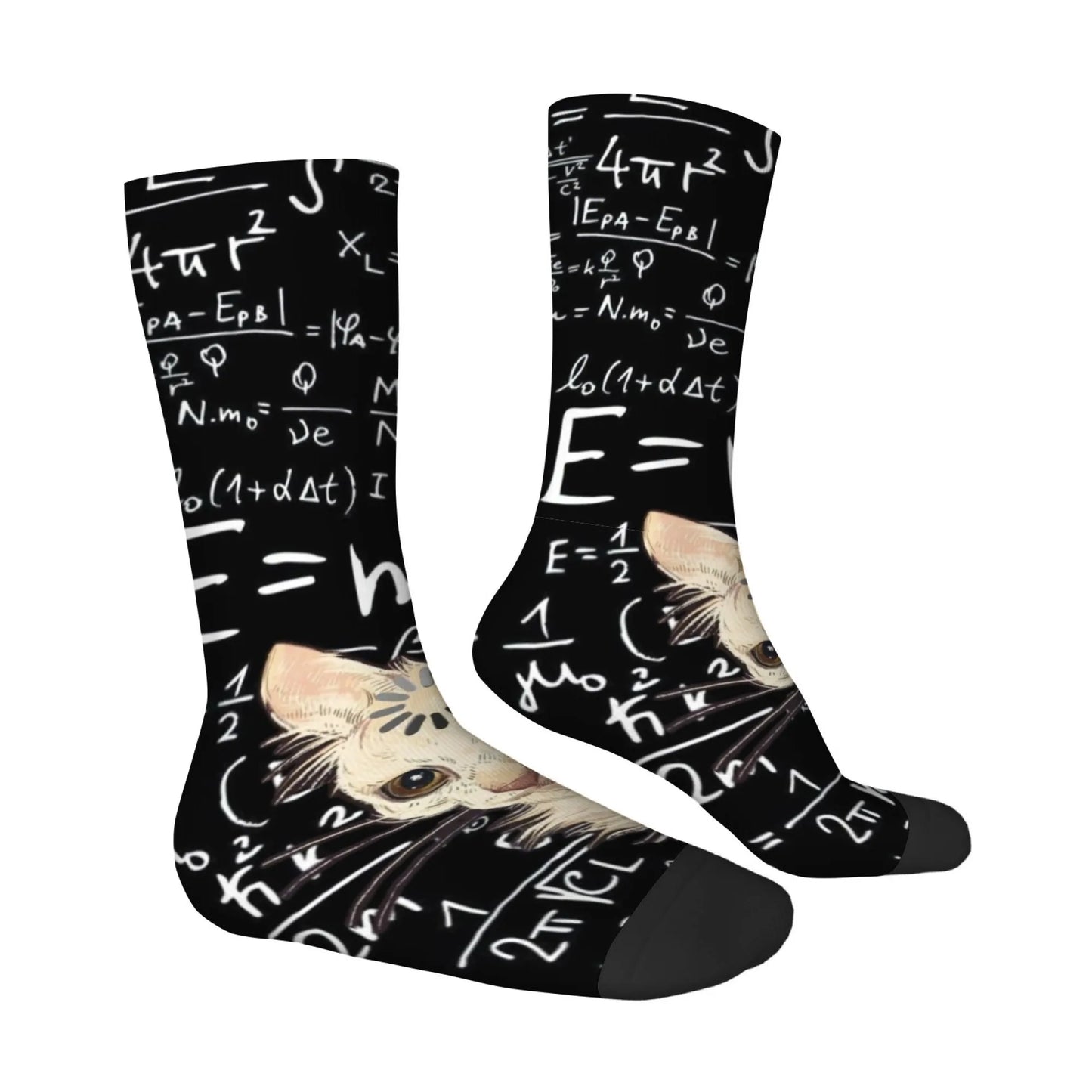 Schrödinger's Cat Science Formula Theme Print Men's Mid-Calf Socks Black Cute Funny Novel Hardcore STEM Style Student Socks