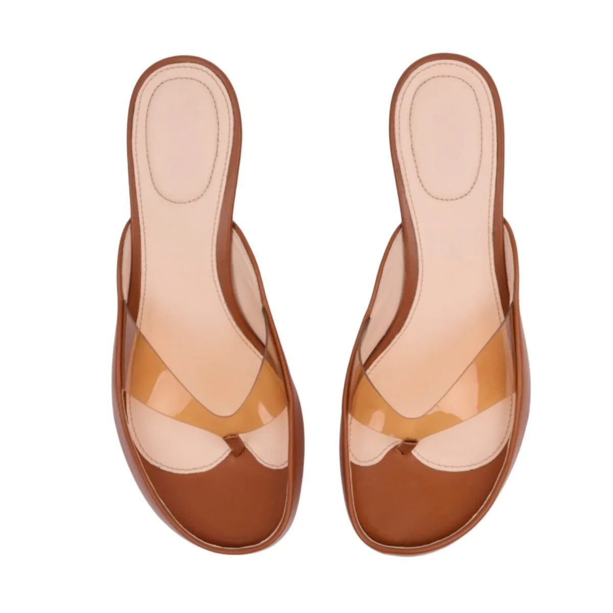 Women's Contrast Heel Mule Sandals Glossy Satin Platform Thong Slides Clear PVC Kitten Heel Vacation Shoes Fish Mouth Flip Flops