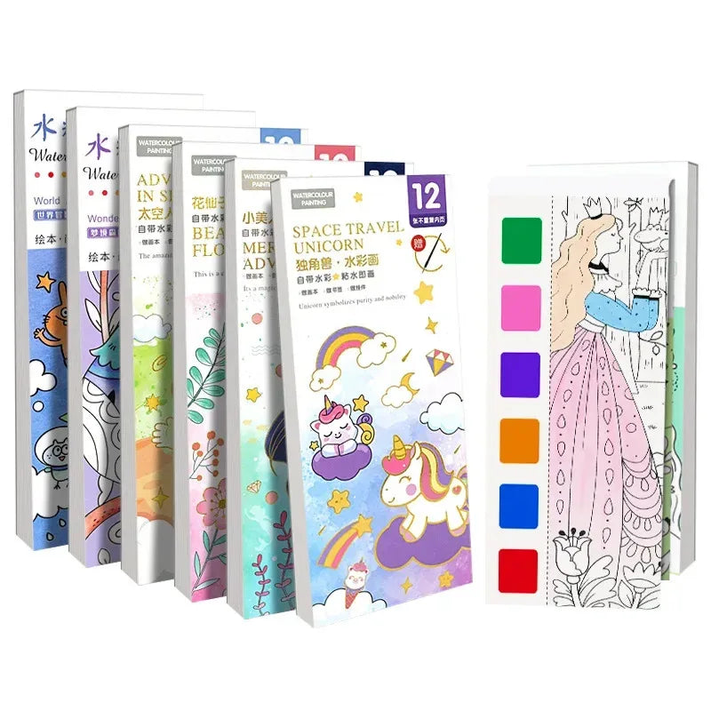 Portable Watercolor Book Set - 12 Sheets Gouache Painting with Brush, Kids Graffiti Drawing Art Stationery