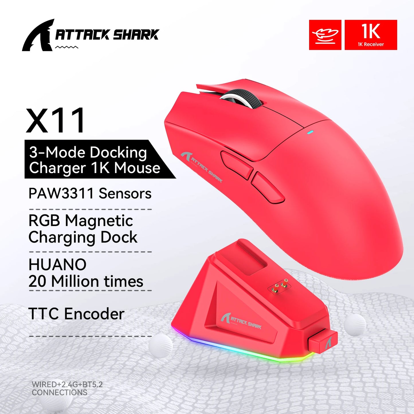 ATTACK SHARK X11 PAW3311 optical sensor,maximum resolution of 22K DPI acceleration up to 40G,edge in competitive gaming