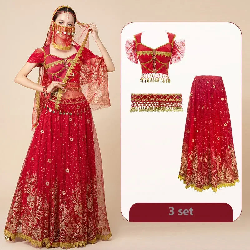Women Festival Halloween Cosplay Belly Dance Top Dress Adult Indian Arab Jasmine Sari Fantasy Rave Bollywood Outfit Costume Suit