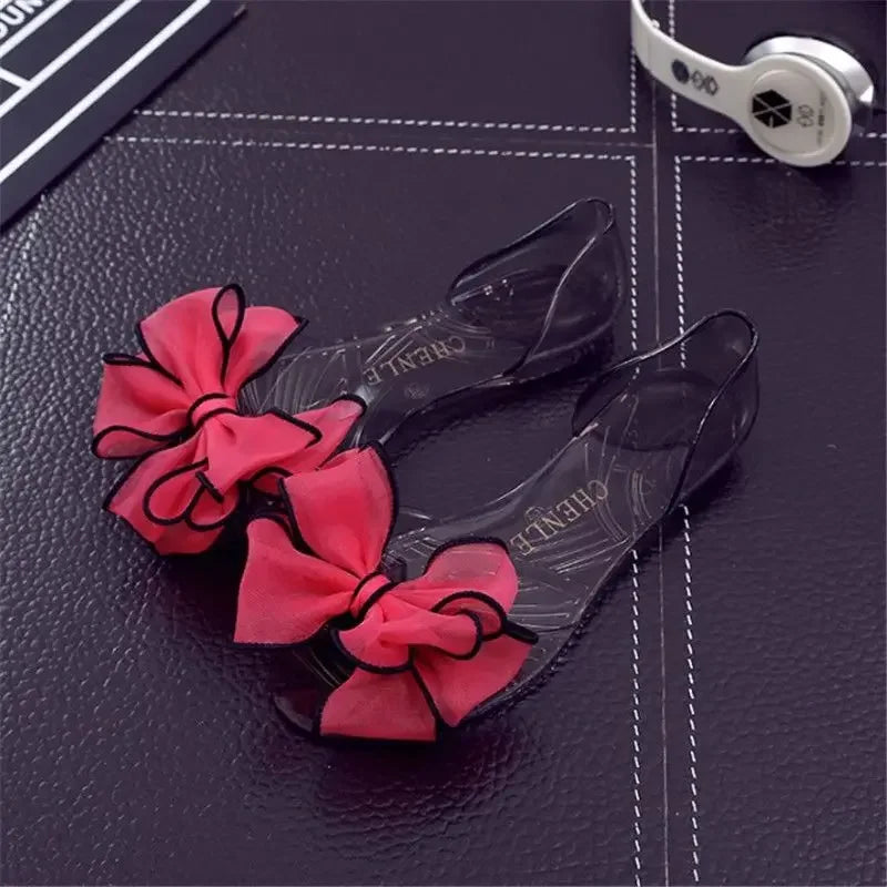 No Heel Beach Transparent Summer 2025 Jelly Sandals for Women Footwear Outdoor Bow Ladies Shoes Flat Rubber Crystal F Shoe Korea