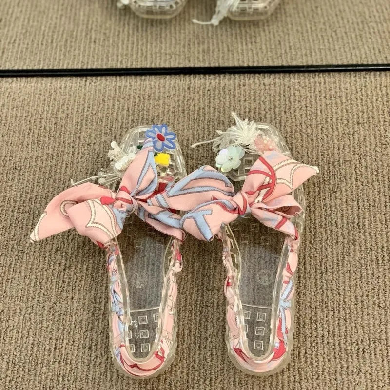 Women's Square Open Toe Jelly Flats DIY Crystal Floral Handmade Mesh Sandals Casual Slip-On Summer Shoes Holiday-style Sandals