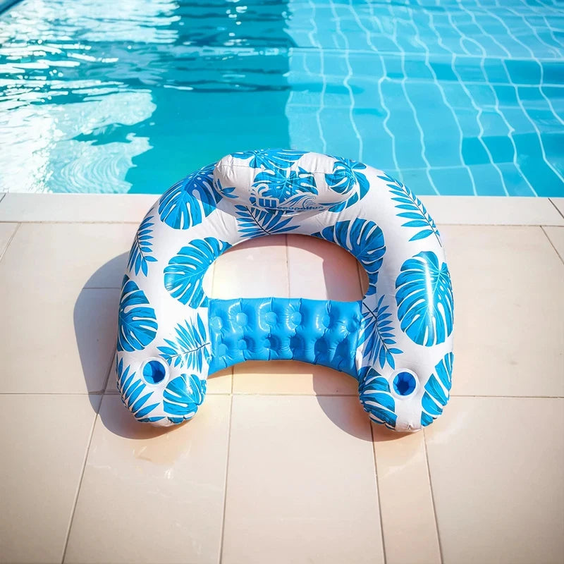 Inflatable Tropical Leaves Pool Lounger with Headrest Cup Holders Floating Raft Chair for Summer Water Fun Party