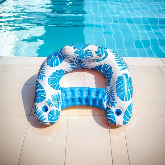Inflatable Tropical Leaves Pool Lounger with Headrest Cup Holders Floating Raft Chair for Summer Water Fun Party