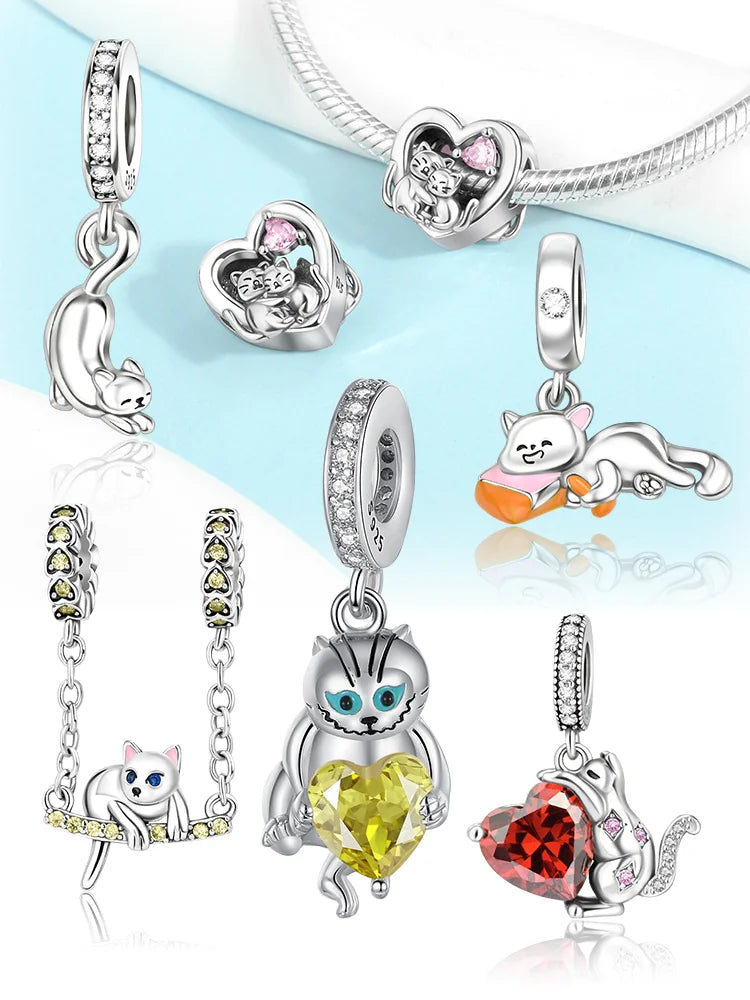 Charms Plata Cat Heart Swing Mothers Day Gift Silver Plated For Charms Silver Plated Original Bracelet for Jewelry Making