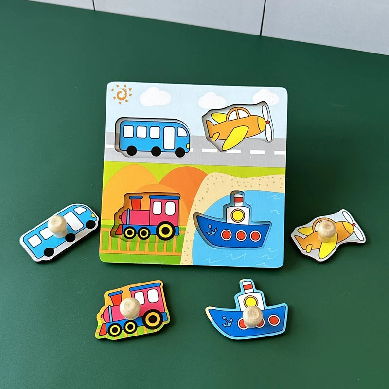 Baby Toys Montessori Wooden Puzzles Hand Grab Boards Toys Kids Early Learning Educational Cartoon Animal Fruit Vehicle Cognitive