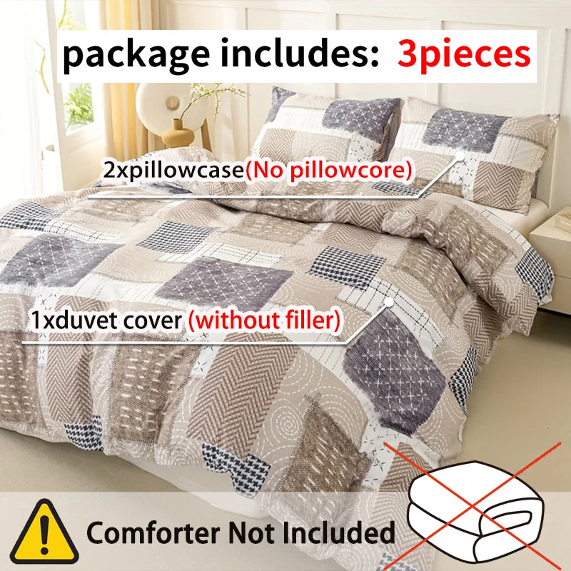 3pcs Chic Patchwork Design Pattern Print Duvet Cover Set, Soft Skin-Friendly Bedding Set Includes 1 Duvet Cover And 2 Pillowcase