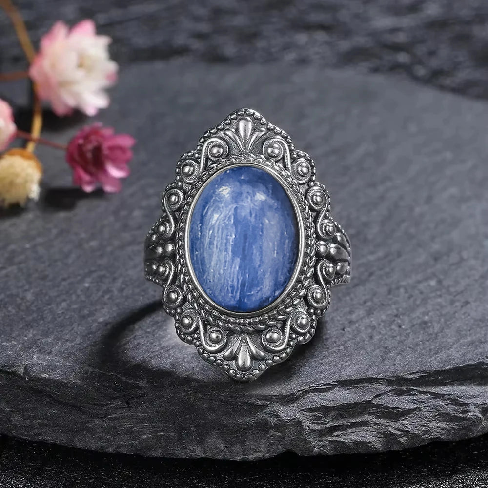 S925 Silver Ring Oval Natural Black Onyx Rings Finger Ring Retro Black Labradorite Fine Jewelry Party For Women Men