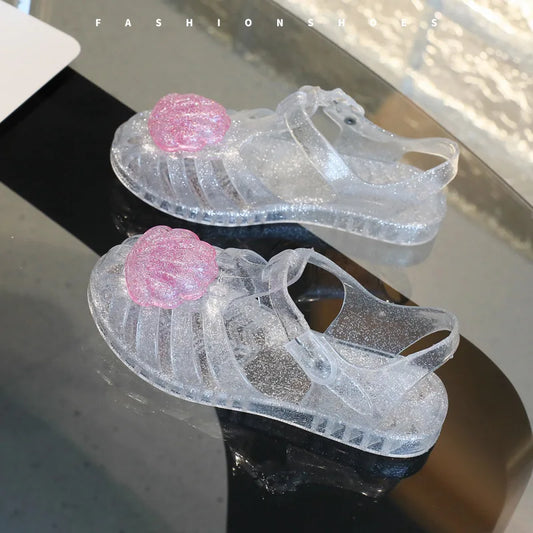 Summer Children Closed-Toe Beach Soft Sole Non-Slip Kids Hollow Casual Shoes Jelly Crystal Girls Casual Roman Princess Sandals