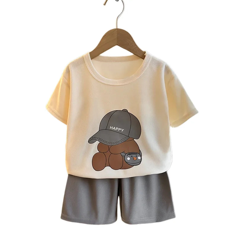 2026 Summer Kids Thin Outfit Girls Boys Cute Bear Print T-Shirt+Solid Color Shorts 2Pcs Clothing Loose Soft Children Set