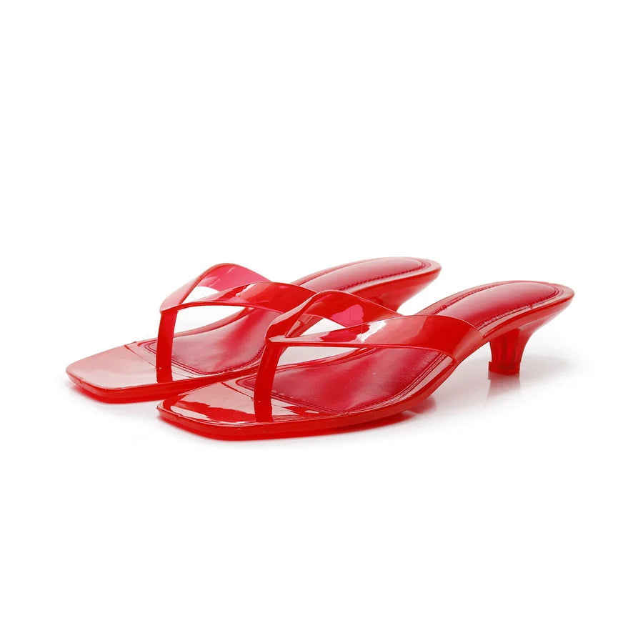 Glam Sheer Heeled Jelly Thong Sandals Women's Transparent Strap Square Toe Kitten Heels Woman Trendy Flip Flops Night Out Shoes