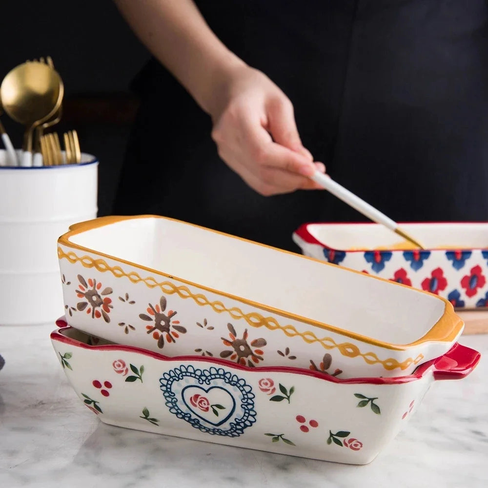 Rectangular Oval Bakeware Pan With Handle Ceramic Baking Dish Roasting Lasagna Pan Kitchen Salad Cheese Baked Pan Flowers