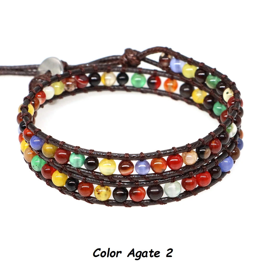 Natural Stone Bohemian Wrap Bead Bracelet Lapis Lazuli 2 Strands Multilayer Leather Rope Woven Bangle For Women Men Jewelry Gift