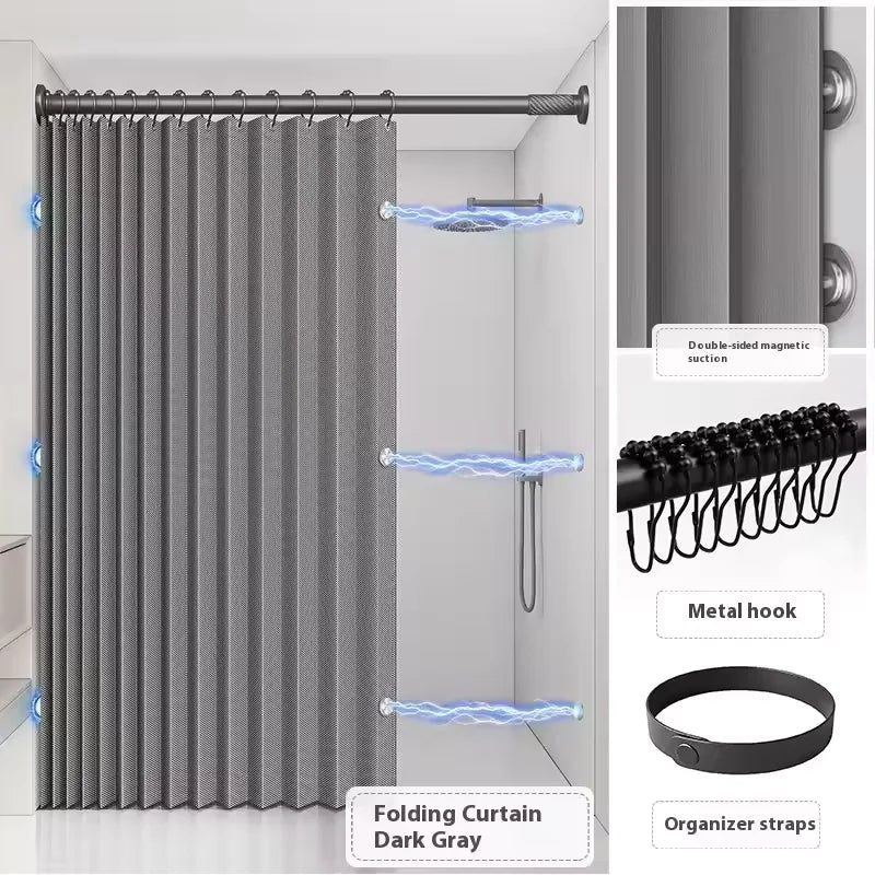 Magnetic Foldable Linen Bath Curtain Waterproof for Walk-In Shower - No Included Adjustable Rod