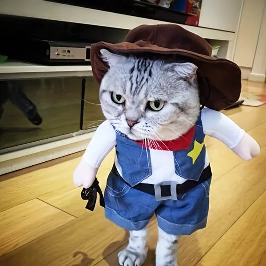 Cowboy Pet Costume with Hat – Funny Halloween Outfit for Cats & Small Dogs, S–XL