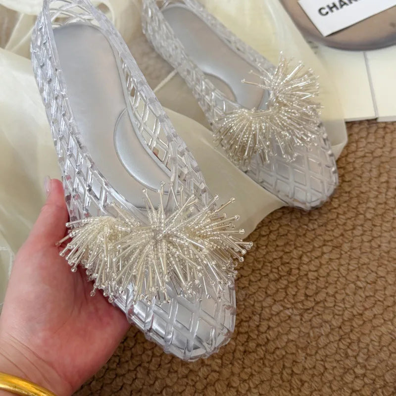 Women's Colorful Hollow Grid Flat Sandals Summer Ladies Flat Jelly Shoe DIY Non-slip Vacation Beach Shoes with Shoes Accessories
