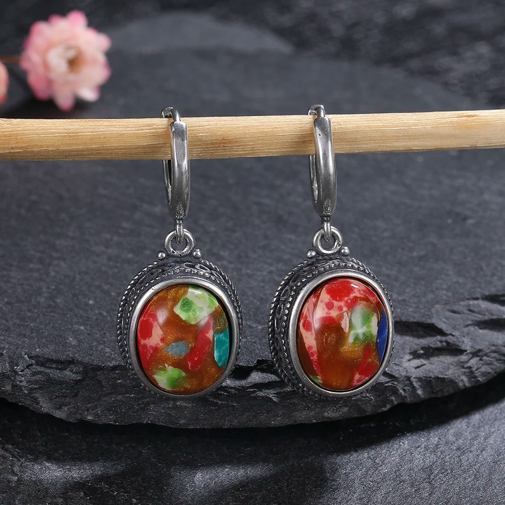 S925 Silver Earring Oval Emperor Stone Hoop Earrings for Women Retro Moonstone Party Dainty Jewelry Birthday Gift