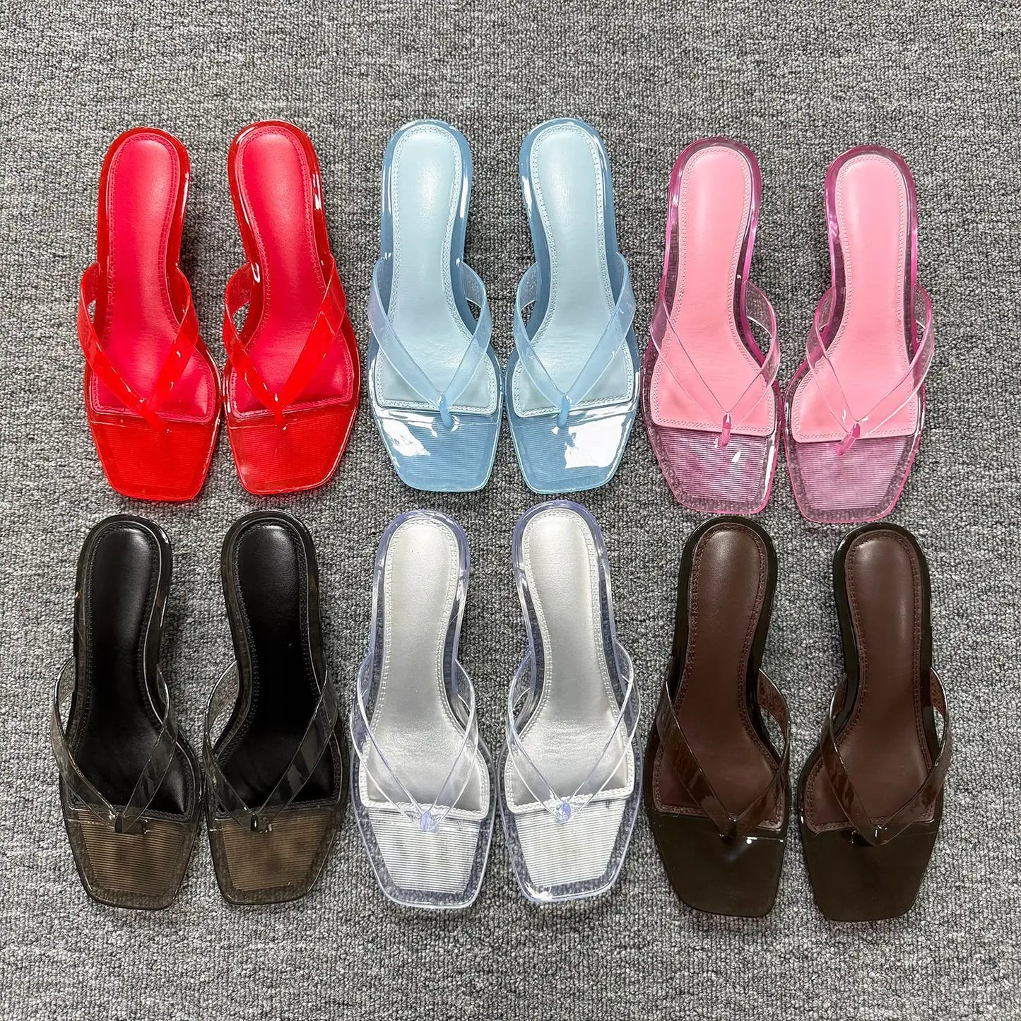 Summer Women Jelly Thong Flip Flops Square Toe Kitten Heel Slide Sandals Transparent TPU Beach Slippers