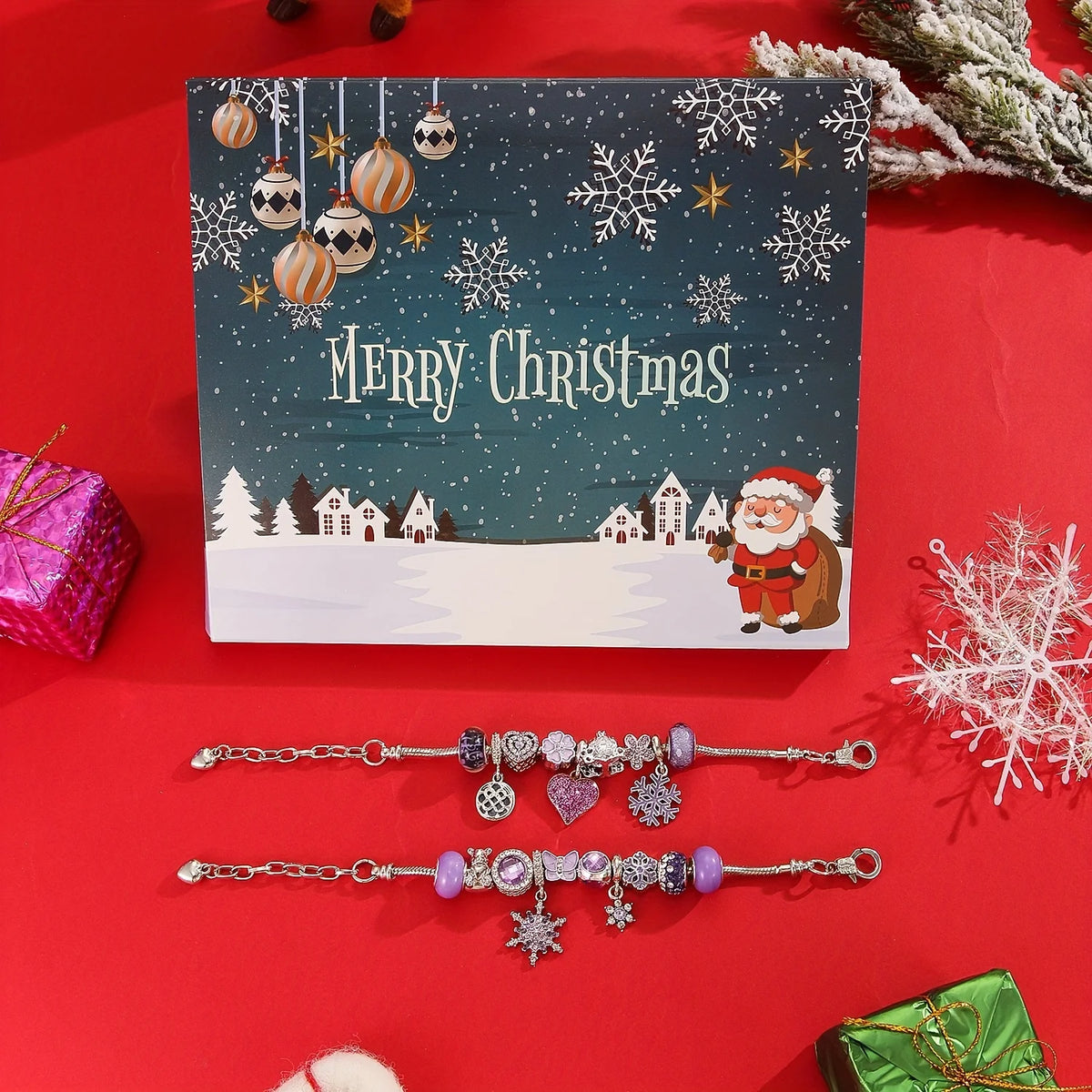 2026 Purple Christmas Advent Calender Gift Box Creative DIY Snowman Santa Claus Charm Bracelet Making Kit Countdown Calendar Box