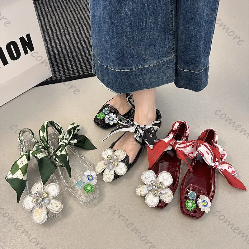 2025 Korea Style Jelly Flats Fashion Lace Band Shoes Accessories Women Loafers Hollow Square Toe Women Beach Sandals Soft Sole