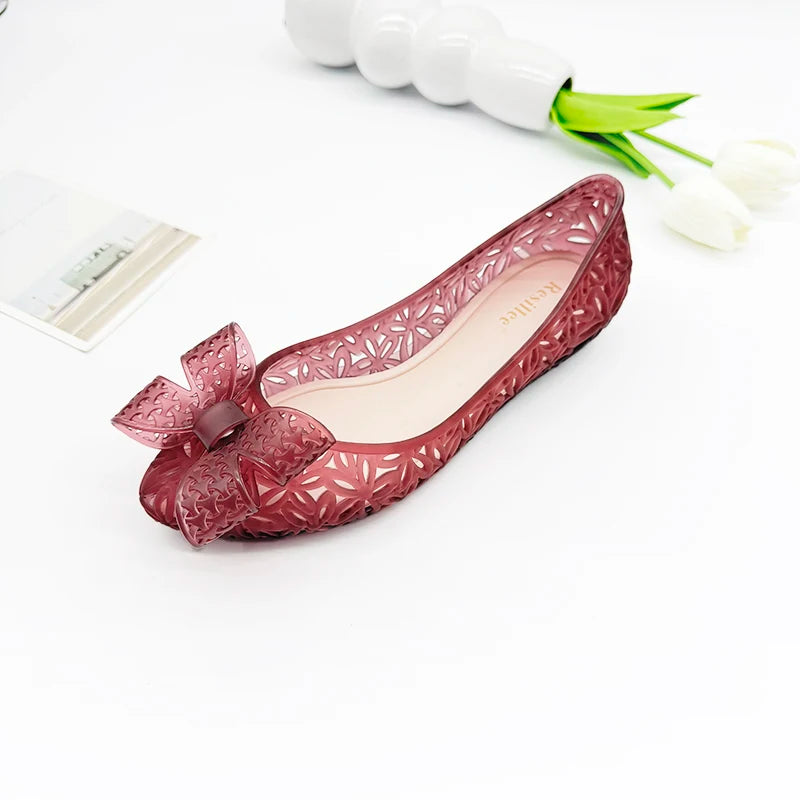 Resillee Women's Hollow Out Jelly Shoes Breathable Rubber Flat Sandals with Bow Knot, Closed Toe Slip On Waterproof Summer Beach