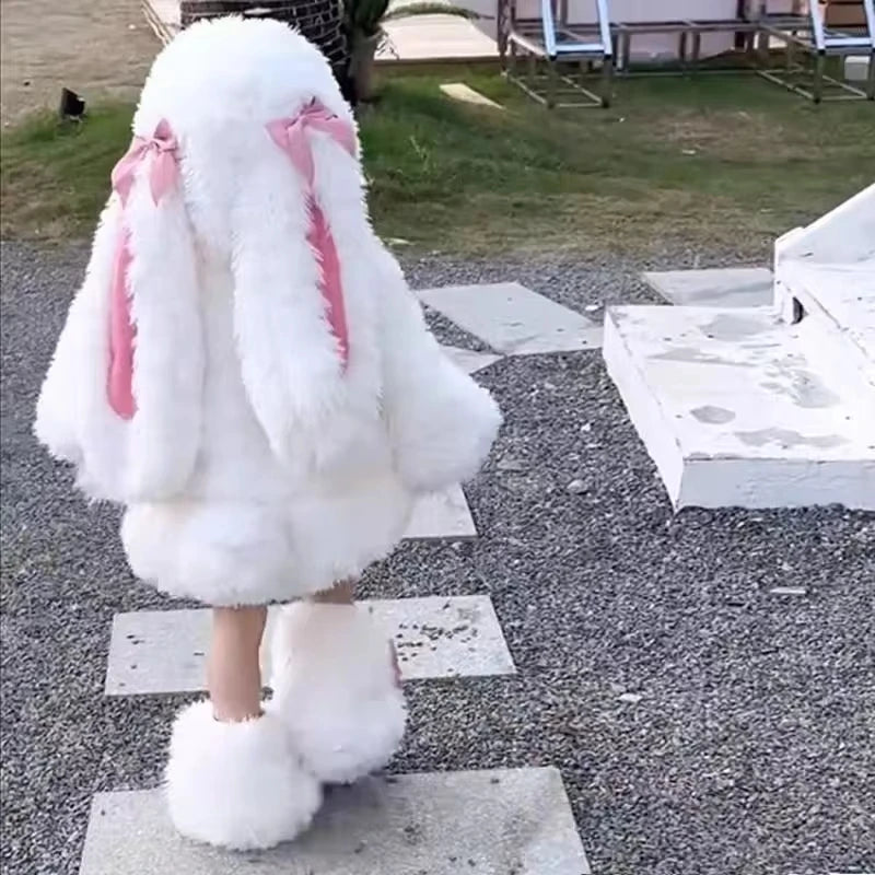 Cartoon Children Plush Rabbit Cosplay Costume Kawaii Kids Winter Warm Sets Top Pants Hat Suit Girl Halloween Party Outfits Gift