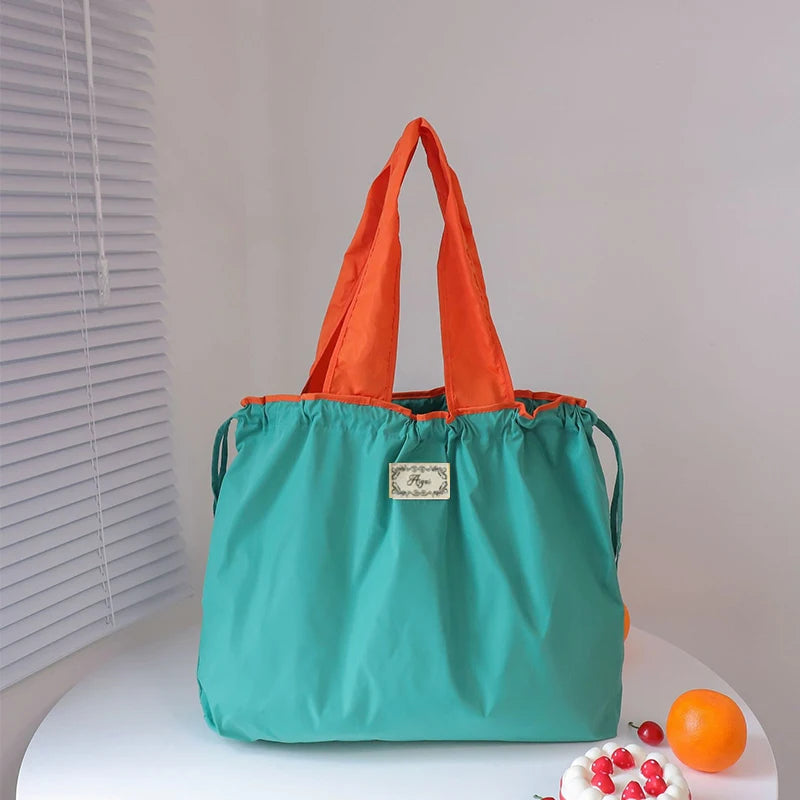 Large Capacity Reusable Shopping Bag Fashion Eco-Friendly Drawstring Grocery Bag Casual Travel Waterproof Shoulder Handbag
