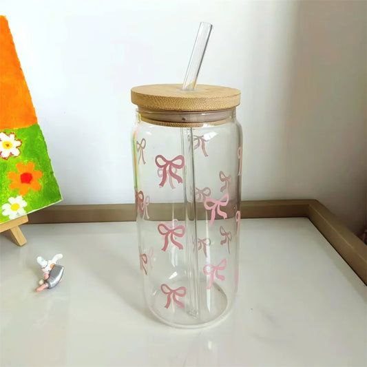 1pc Cute Bow Glass Cup 500ml Tumbler Mason Jar Shaped Bottle With Lids Straw Coffee Cups Party Gift for Iced Coffee Juice Cup