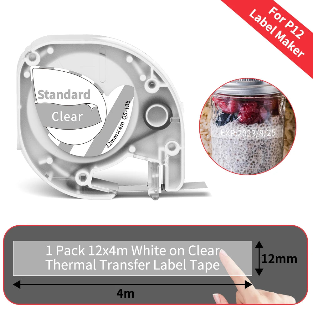P12 Label Tape Compatible with Dymo LetraTag 200B Refills LT-100H Label Replacement for Phomemo P12 PRO Label Maker 12mm x 4m