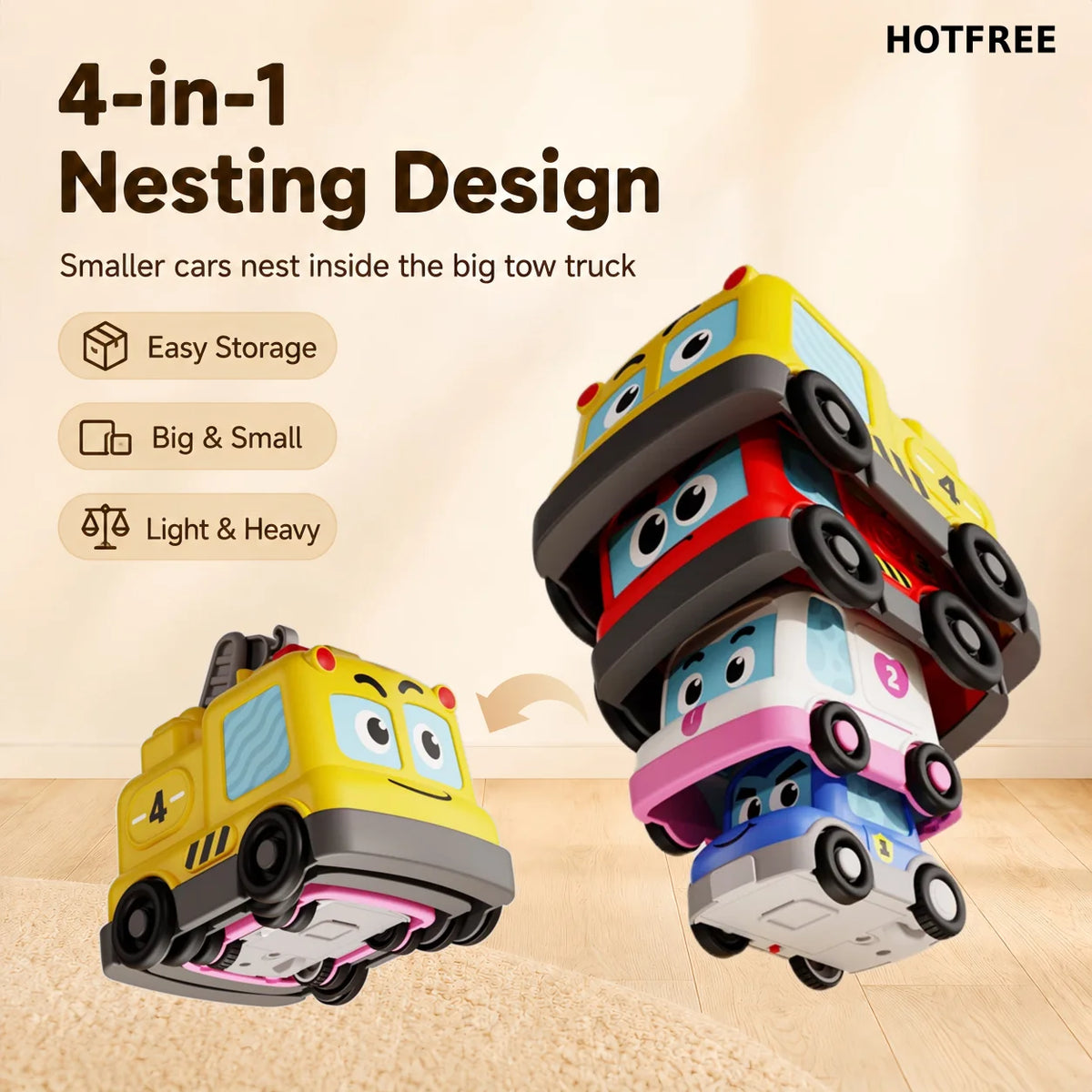 Hotfree 4 in 1 Montessori Toy Cars Set - Stacking Nesting Magnetic Following Toddler Toys 1-2, Sensory Toys with Lights, Music & Cars Toys, STEM Educational Toy, Baby Toys Christmas Birthday Gifts for KIds Boys Girls
