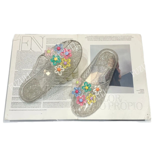 Clear Floral Crystal Jelly Shoes Transparent Slip On Sandals Summer Casual Open Toe Jelly Slippers Women Daily Beach Footwear