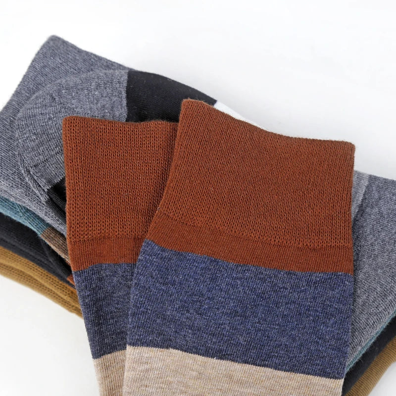 Men's Combed Cotton Socks Fashion Colorful Large Stripe Harajuku Four Seasons Casual Socks Men Size 39-44 5Pair/Lot