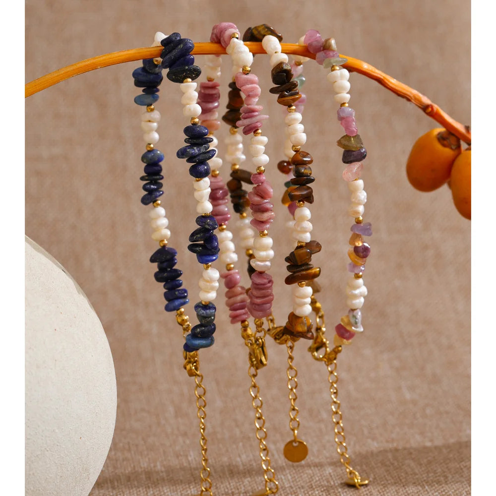 Yhpup Natural Stone Freshwater Pearl Beads Chain Handmade Bracelet Bangle Waterproof Stainless Steel Basic Wrist Summer Jewelry