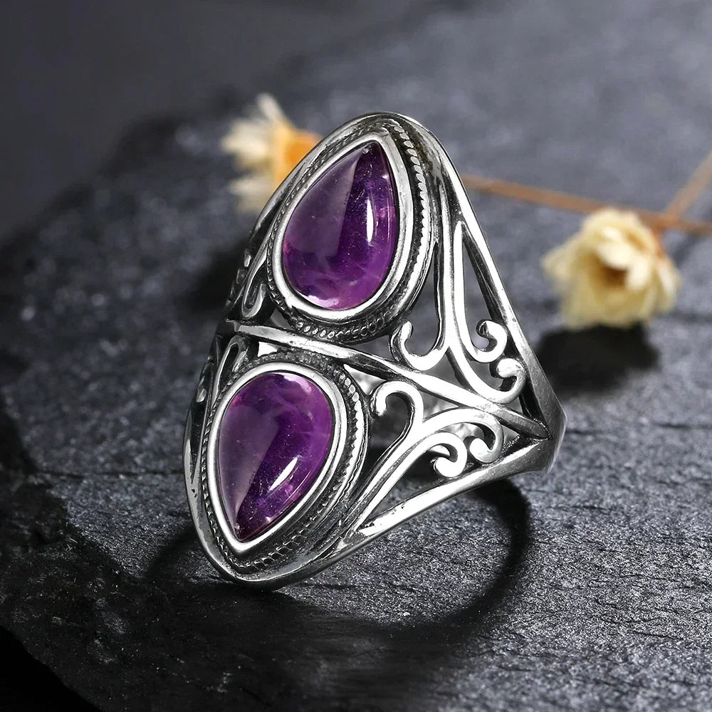 S925 Sterling Silver Vintage Ring With Natural Amethyst Two Stone Ring Waterdrop Shape Fine Jewelry Gifts for Women