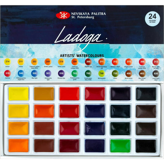 White Nights Ladoga Watercolor Set 24 Full Pans Cardboard Box Nevskaya Palitra Artist Drawing Craft Pigment Art Supplies