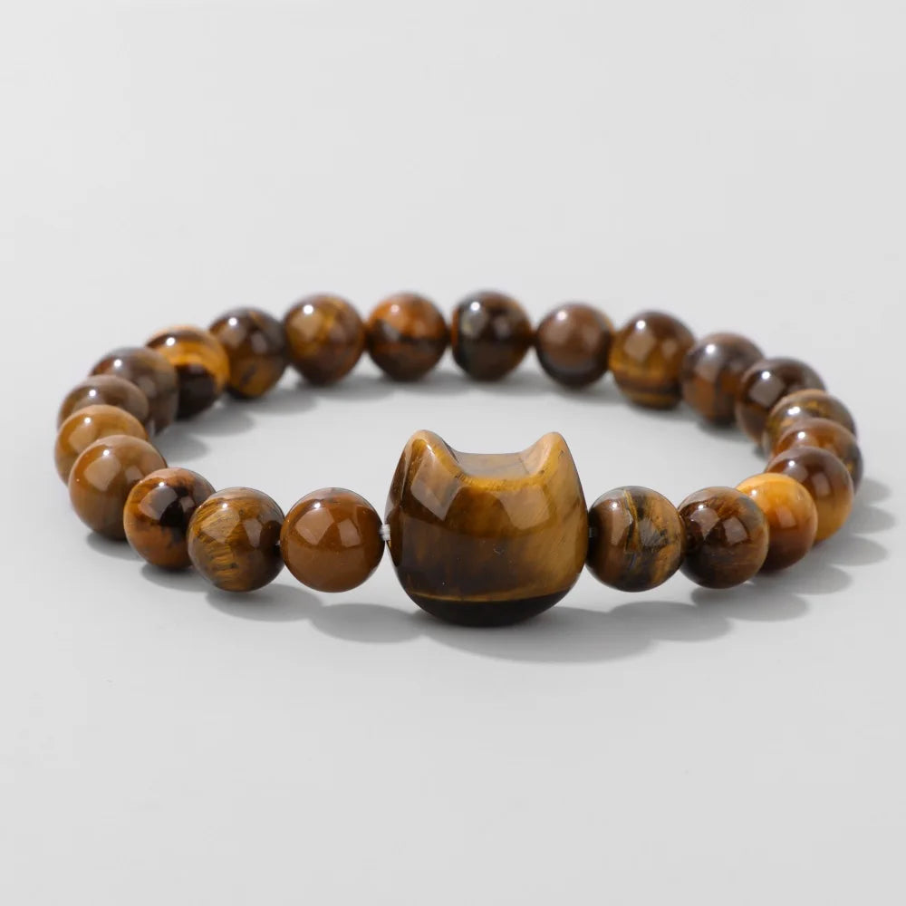 Natural Cat Head Carved Stone Bracelet Tiger Eye Amethyst Agate 8mm Round Gem Bead Elastic Bracelets For Women Men Jewelry Gift