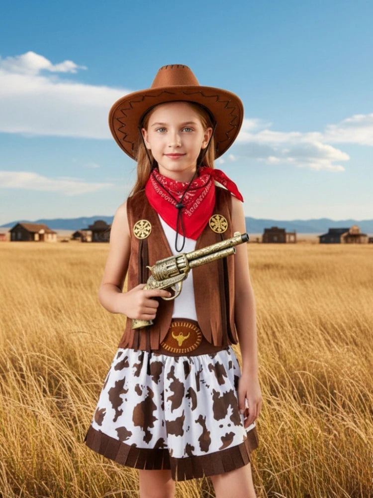 Kids Western Cowboy Costume Set Boys Girls Cow Print Fringe Vest Skirt Pants Outfit with Hat Bandana for Halloween Cosplay