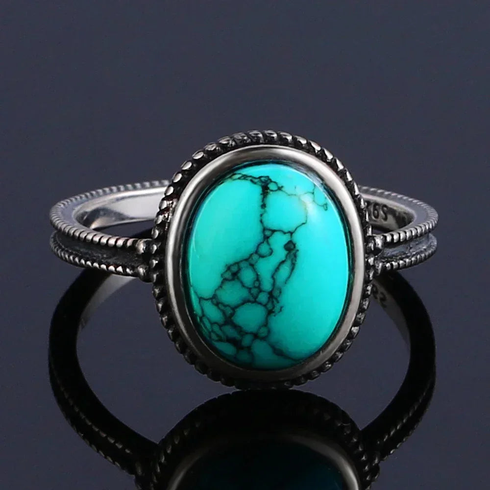S925 Sterling Silver Ring Vintage Ring Gemstone Ring Silver Fine Jewelry Natural Turquoise Rings