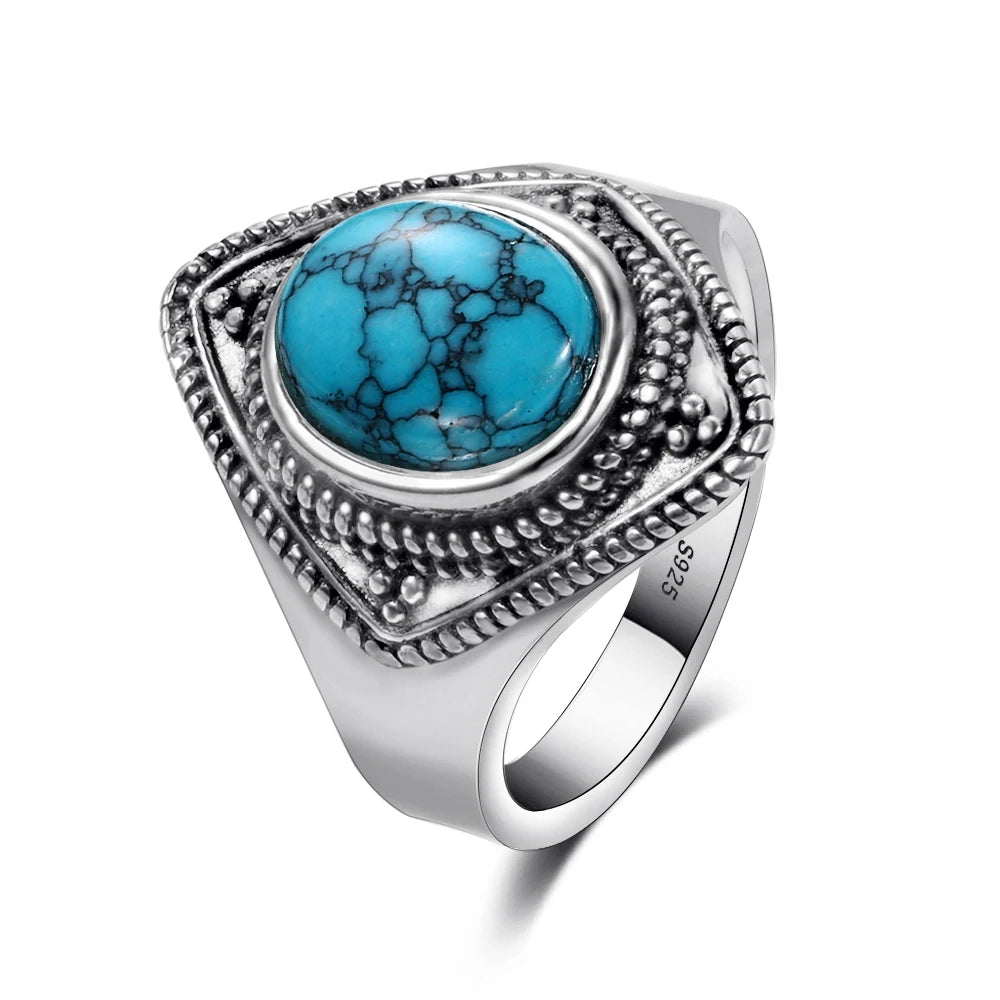 S925 Silver Oval Natural Turquoise Rings for Men Women Silver Fine Jewelry