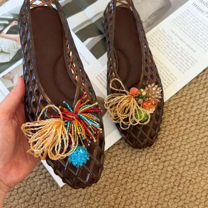 Women's Colorful Hollow Grid Flat Sandals Summer Ladies Flat Jelly Shoe DIY Non-slip Vacation Beach Shoes with Shoes Accessories