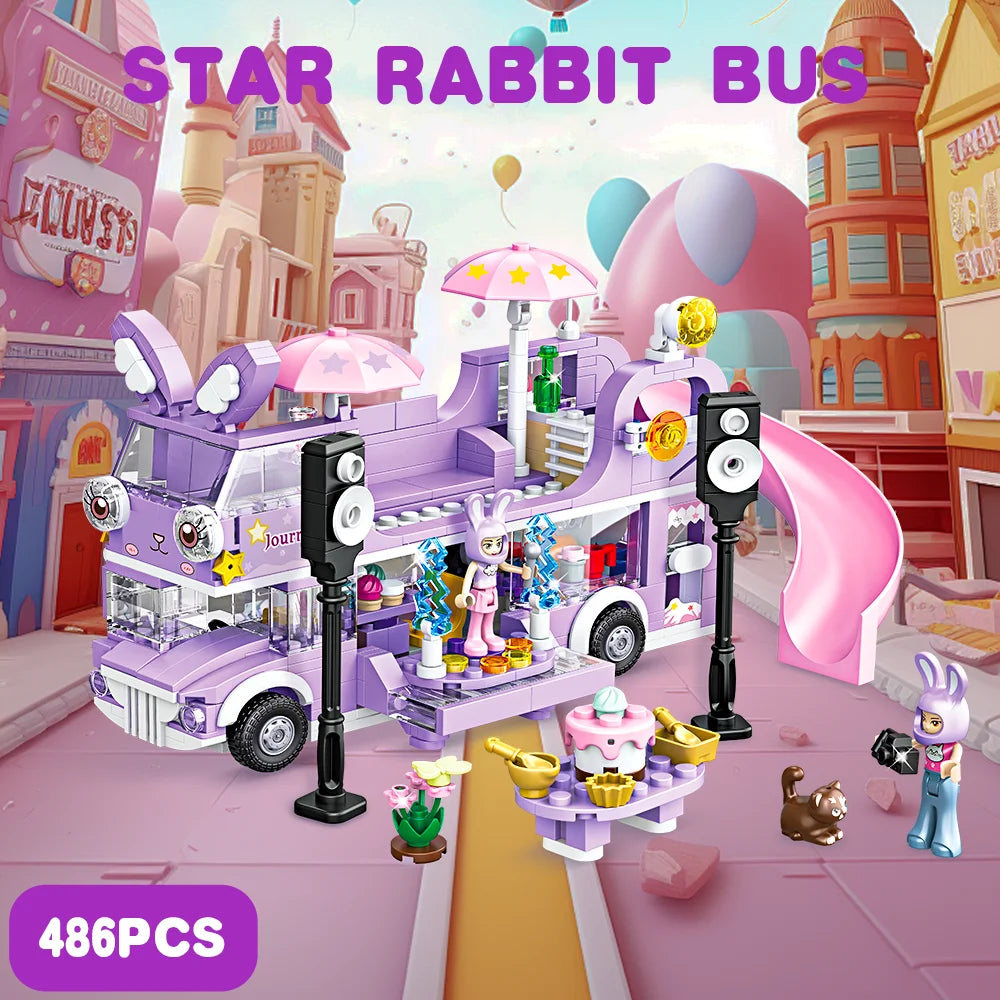 486PCS Double-Storey  Star Rabit Bus Building Blocks Toys STEM Toys Friends Figures Flower Christmas Day Purple Color Toys Girls