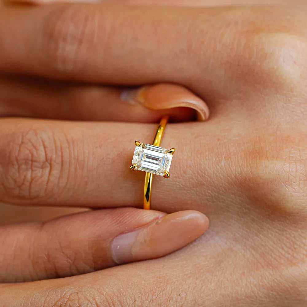 S925 Sterling Silver Rectangular Cut Solitaire Ring - 1/2/3 Carat D Color VVS Moissanite Gold Plated Jewelry for Women