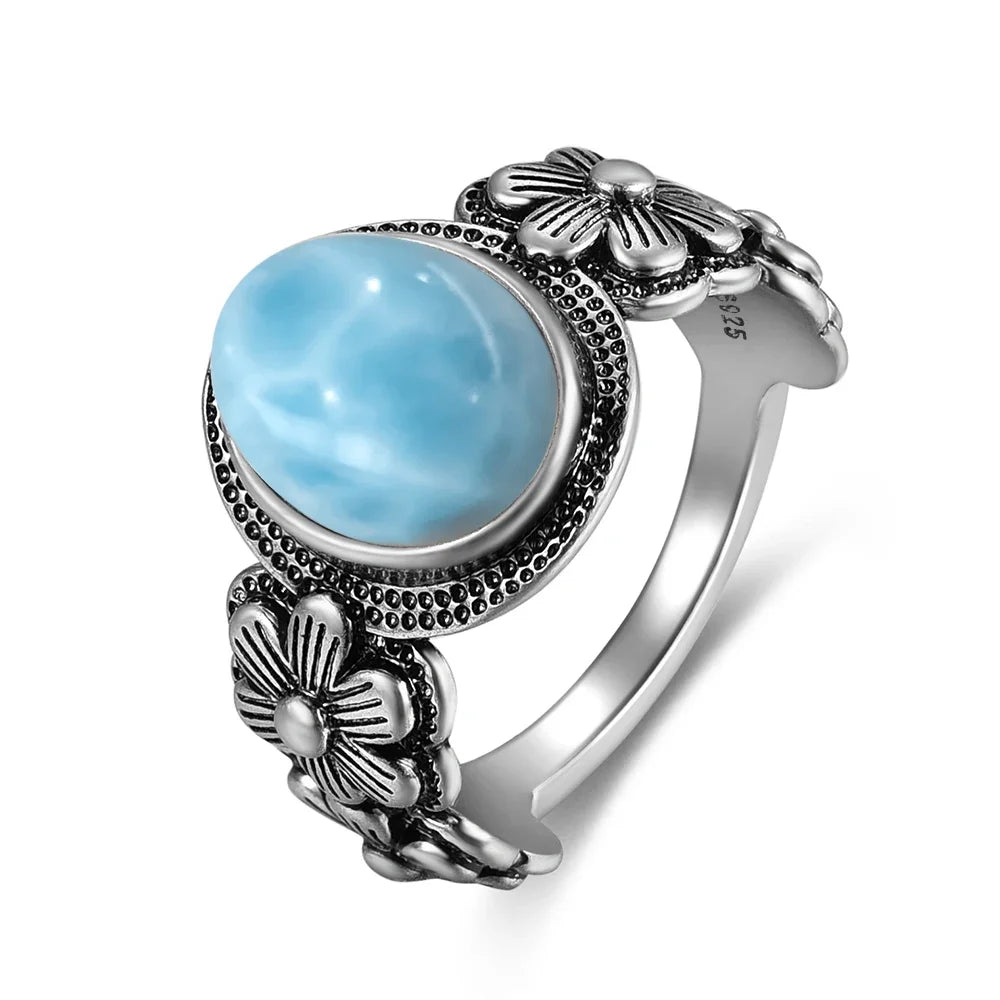 Vintage S925 Sterling Silver Rose Flower Ring With Oval 8*10mm Natural Moonstone Sweet Ring Fine Jewelry For Woman